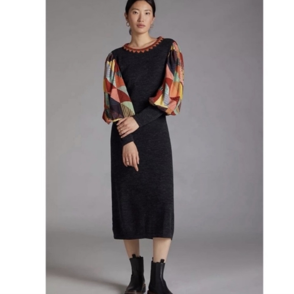 ANTHRO Bl^nk London | Knit Dress Charcoal Gray Balloon Patchwork Sleeves Small